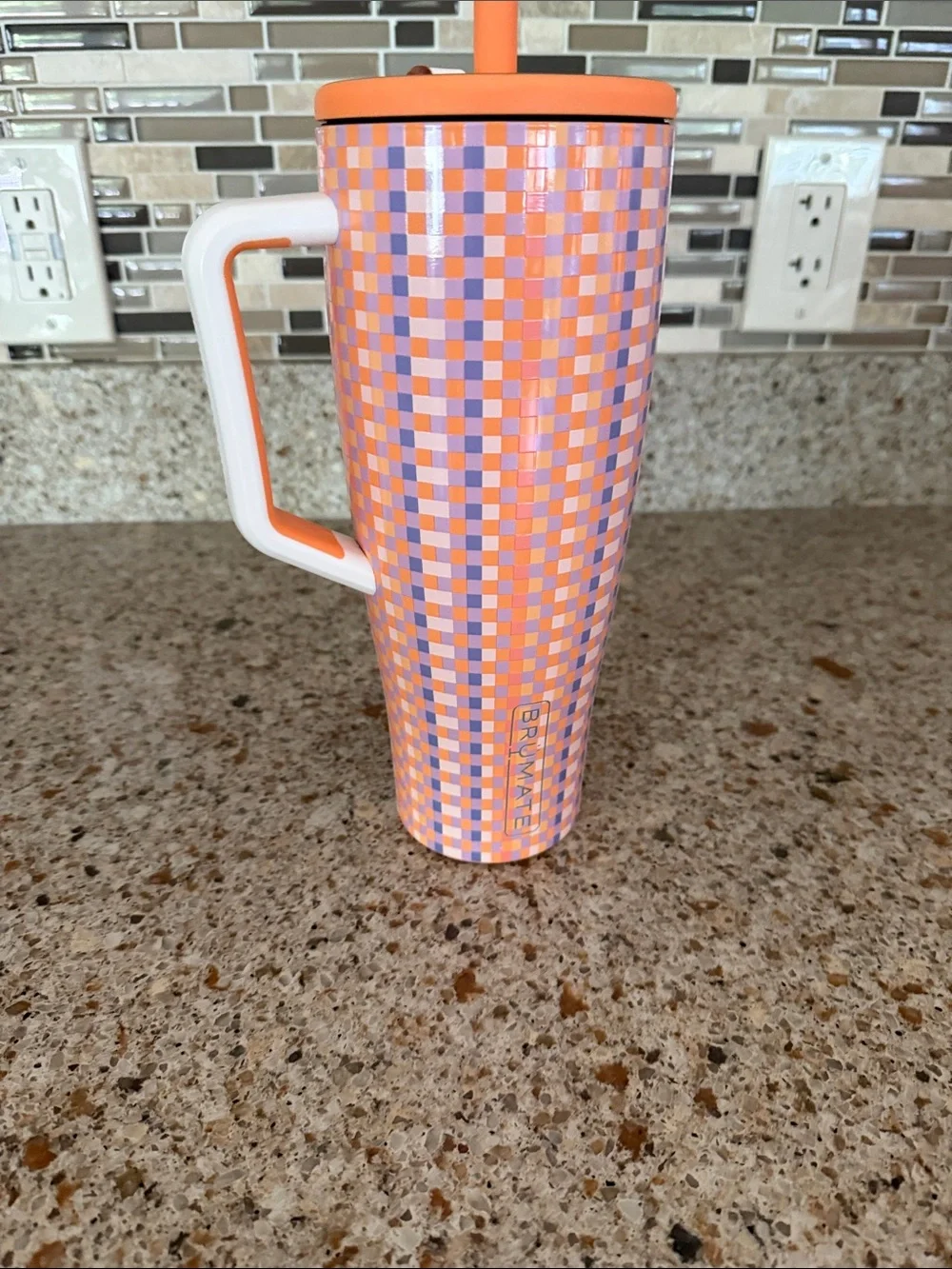 brummate  talk Checkered Tumbler with Handle and Straw - Orange & Lilac